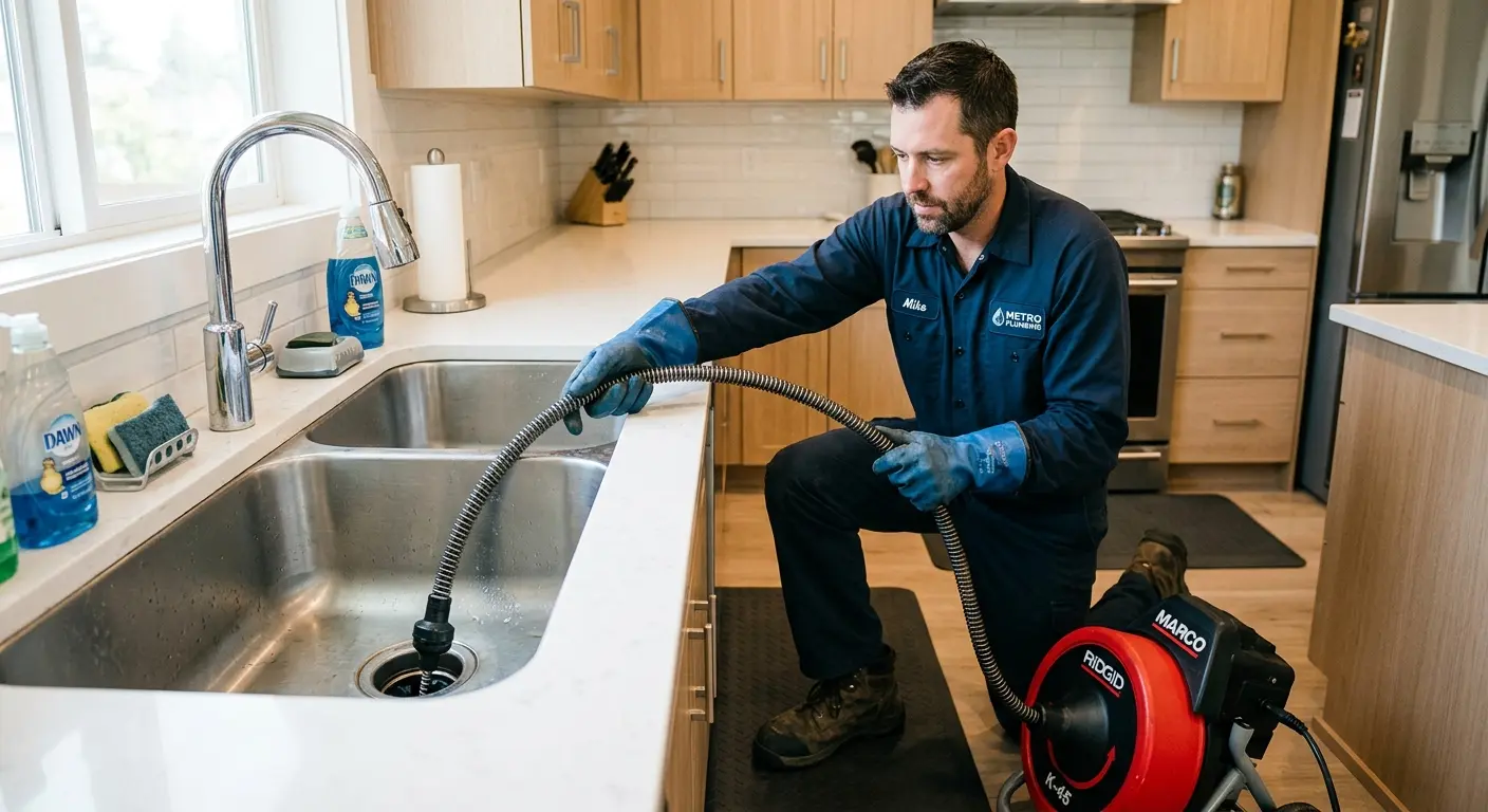 Drain cleaning technician using a motorized snake on a kitchen sink in Demarest
