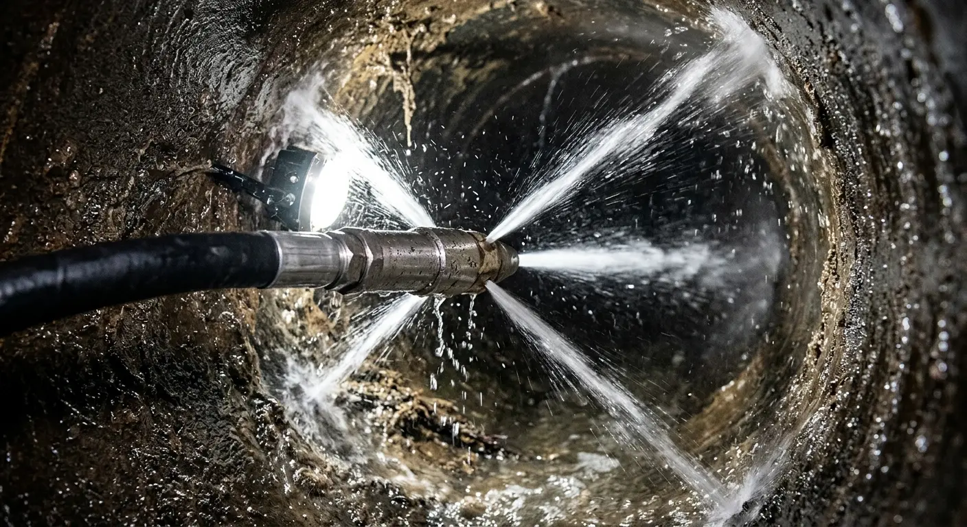 High-pressure hydro jetting nozzle cleaning sewer pipe for Storm Drain Cleaning in Demarest