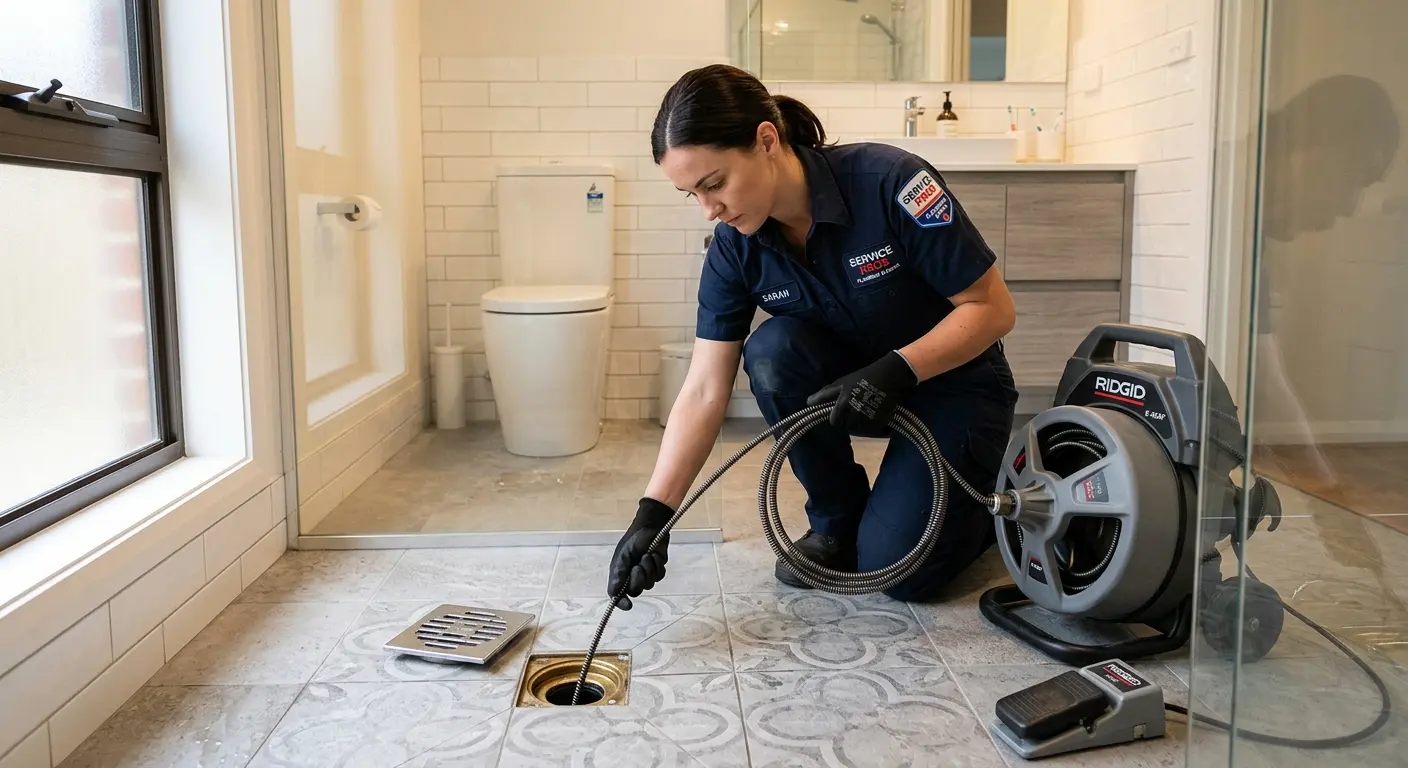 Technician clearing a bathroom floor drain for Sewer Line Installation in Demarest
